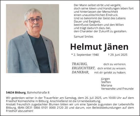 Todesanzeige von Helmut Jänen von trierischer_volksfreund