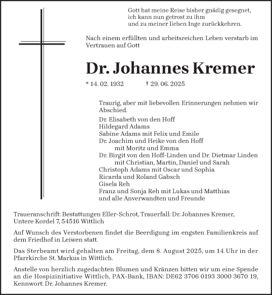 Todesanzeige von Johannes Kremer von trierischer_volksfreund