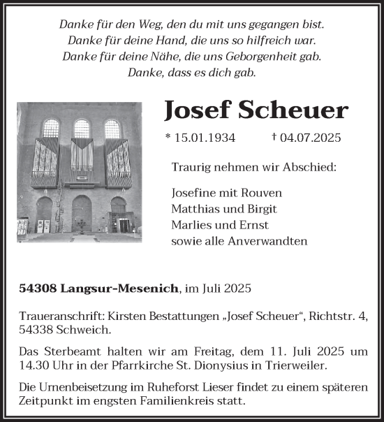 Todesanzeige von Josef Scheuer von trierischer_volksfreund