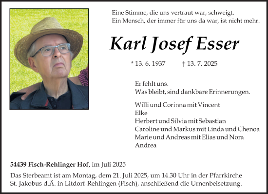 Todesanzeige von Karl Josef Esser von trierischer_volksfreund