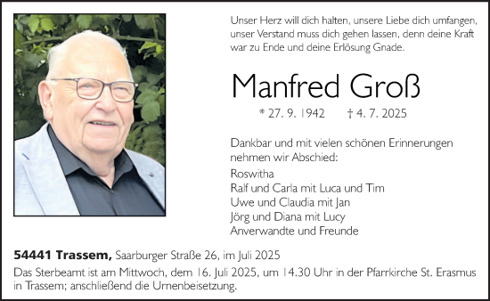 Todesanzeige von Manfred Groß von trierischer_volksfreund