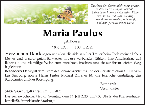 Todesanzeige von Maria Paulus von trierischer_volksfreund