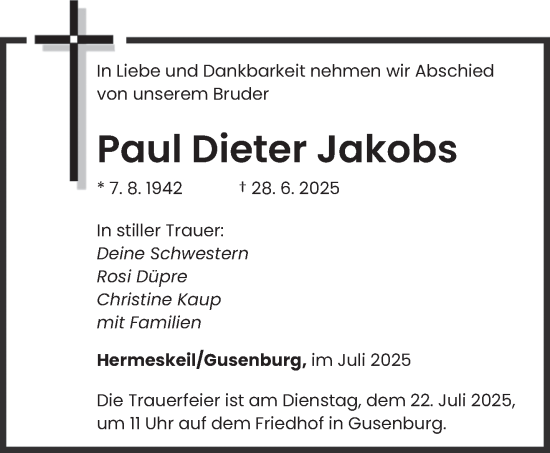 Todesanzeige von Paul Dieter Jakobs von trierischer_volksfreund