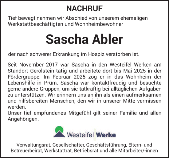 Todesanzeige von Sascha Abler von trierischer_volksfreund