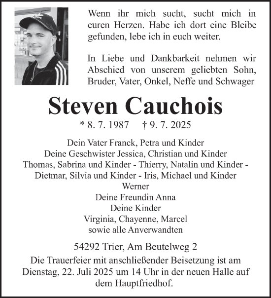 Todesanzeige von Steven Cauchois von trierischer_volksfreund