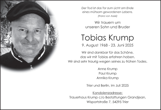 Todesanzeige von Tobias Krump von trierischer_volksfreund