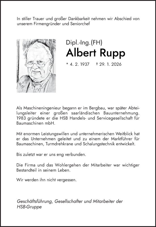 Todesanzeige von Albert Rupp von trierischer_volksfreund