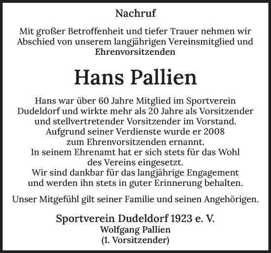 Todesanzeige von Hans Pallien von trierischer_volksfreund