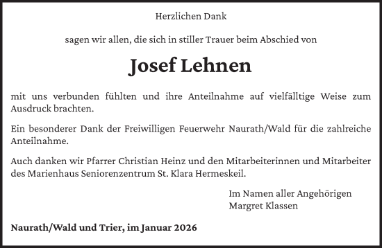 Todesanzeige von Josef Lehnen von trierischer_volksfreund