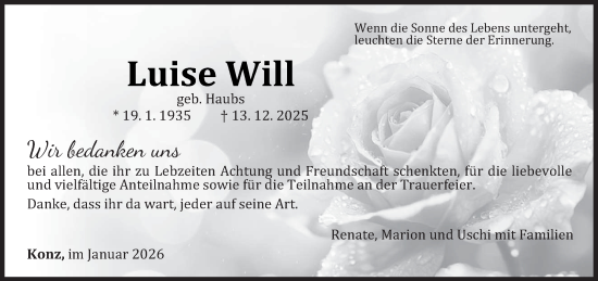 Todesanzeige von Luise Will von trierischer_volksfreund