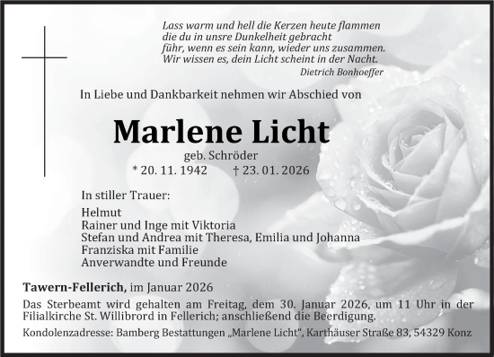 Todesanzeige von Marlene Licht von trierischer_volksfreund