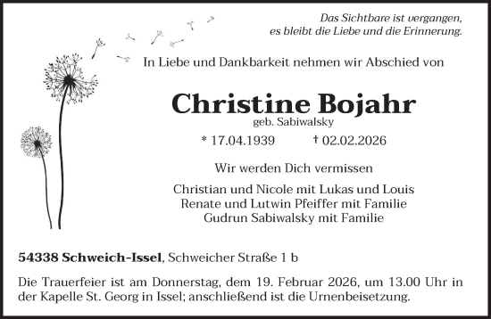 Todesanzeige von Christine Bojahr von trierischer_volksfreund