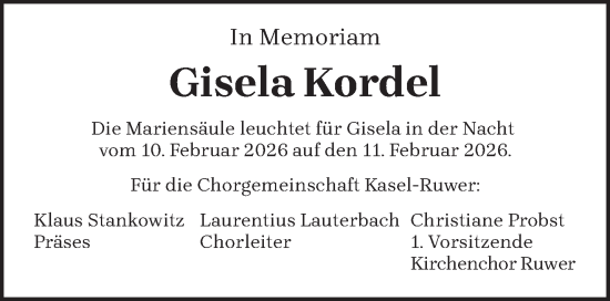Todesanzeige von Gisela Kordel von trierischer_volksfreund