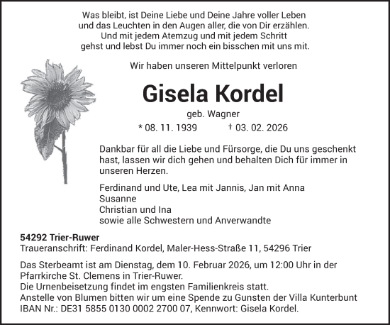 Todesanzeige von Gisela Kordel von trierischer_volksfreund