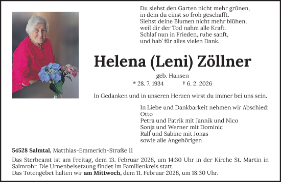 Todesanzeige von Helena Zöllner von trierischer_volksfreund