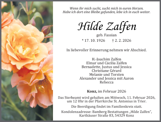 Todesanzeige von Hilde Zalfen von trierischer_volksfreund