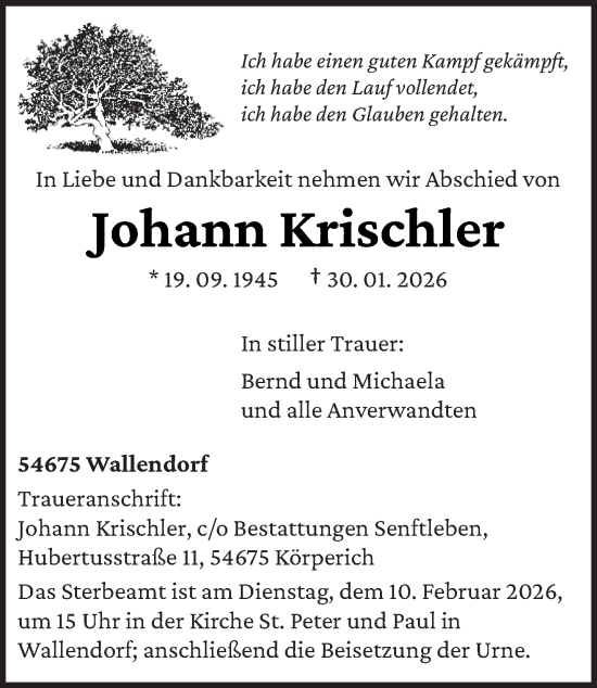 Todesanzeige von Johann Krischler von trierischer_volksfreund
