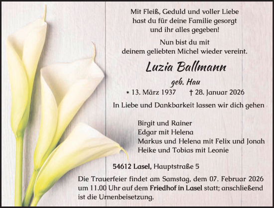 Todesanzeige von Luzia Ballmann von trierischer_volksfreund