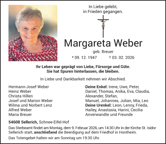 Todesanzeige von Margareta Weber von trierischer_volksfreund