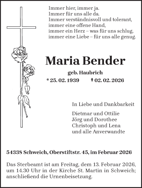 Todesanzeige von Maria Bender von trierischer_volksfreund