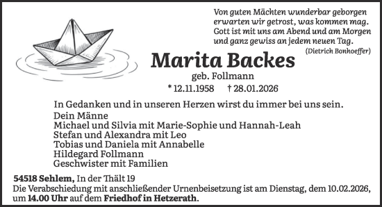 Todesanzeige von Marita Backes von trierischer_volksfreund