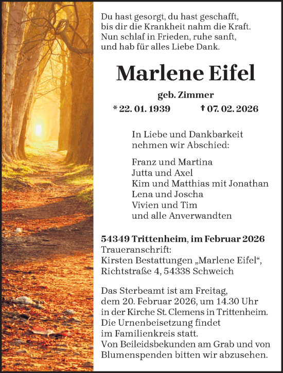 Todesanzeige von Marlene Eifel von trierischer_volksfreund