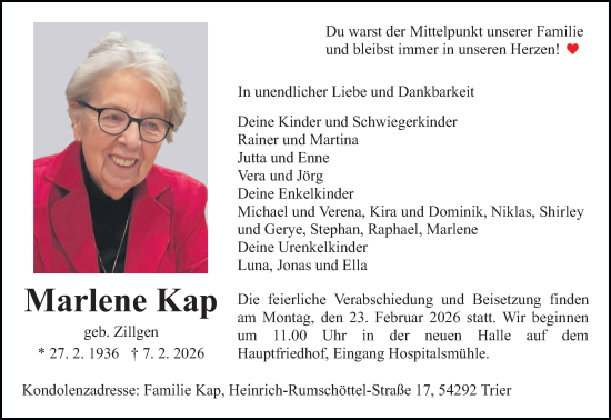 Todesanzeige von Marlene Kap von trierischer_volksfreund