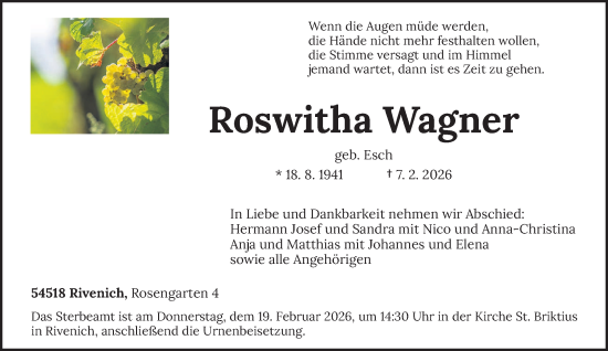 Todesanzeige von Roswitha Wagner von trierischer_volksfreund