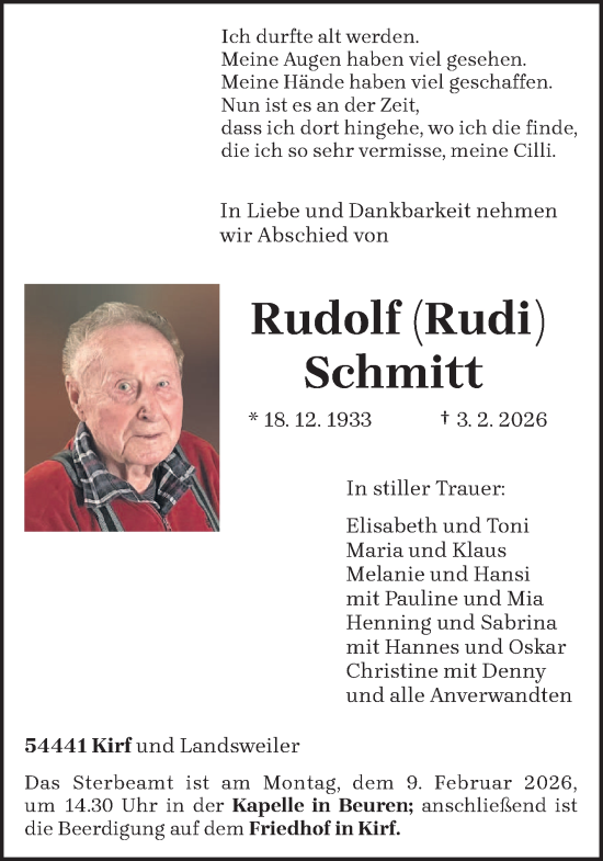 Todesanzeige von Rudolf Schmitt von trierischer_volksfreund