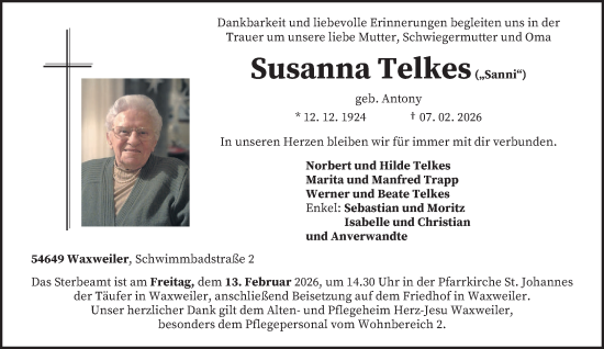 Todesanzeige von Susanna Telkes von trierischer_volksfreund