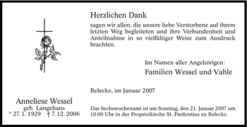 Todesanzeige von Anneliese Wessel von WESTFÄLISCHER ANZEIGER