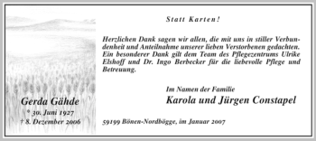 Todesanzeige von Gerda Gähde von WESTFÄLISCHER ANZEIGER
