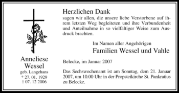 Todesanzeige von Anneliese Wessel von WESTFÄLISCHER ANZEIGER