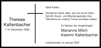 Todesanzeige von Therese Kaltenbacher von WESTFÄLISCHER ANZEIGER
