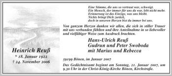 Todesanzeige von Heinrich Reuß von WESTFÄLISCHER ANZEIGER