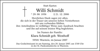 Todesanzeige von Willi Schmidt von WESTFÄLISCHER ANZEIGER