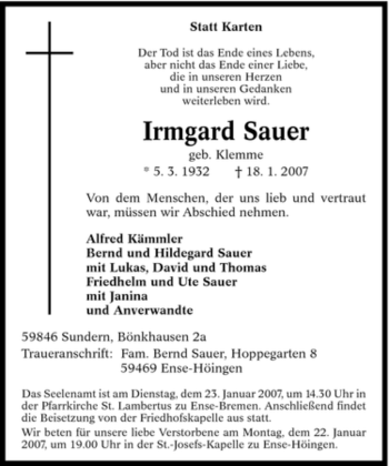 Todesanzeige von Irmgard Sauer von WESTFÄLISCHER ANZEIGER