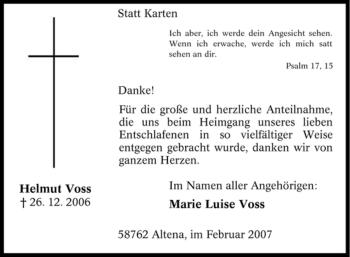 Todesanzeige von Helmut Voss von WESTFÄLISCHER ANZEIGER