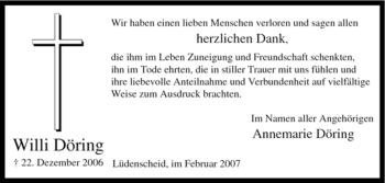 Todesanzeige von Willi Döring von WESTFÄLISCHER ANZEIGER