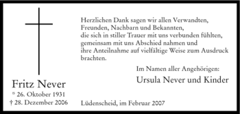 Todesanzeige von Fritz Never von WESTFÄLISCHER ANZEIGER