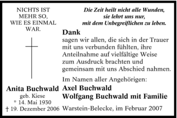 Todesanzeige von Anita Buchwald von WESTFÄLISCHER ANZEIGER