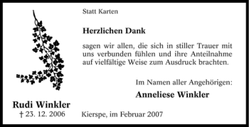 Todesanzeige von Rudi Winkler von WESTFÄLISCHER ANZEIGER