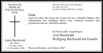Todesanzeige von Anita Buchwald von WESTFÄLISCHER ANZEIGER