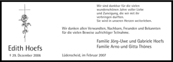 Todesanzeige von Edith Hoefs von WESTFÄLISCHER ANZEIGER