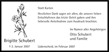 Todesanzeige von Brigitte Schubert von WESTFÄLISCHER ANZEIGER