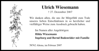 Todesanzeige von Ulrich Wiesemann von WESTFÄLISCHER ANZEIGER