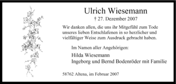 Todesanzeige von Ulrich Wiesemann von WESTFÄLISCHER ANZEIGER