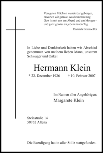 Todesanzeige von Hermann Klein von WESTFÄLISCHER ANZEIGER