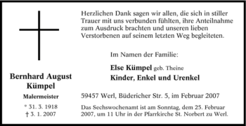 Todesanzeige von Bernhard August Kümpel von WESTFÄLISCHER ANZEIGER
