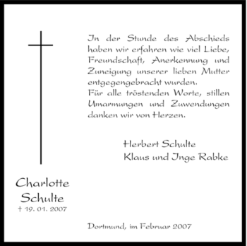 Todesanzeige von Charlotte Schulte von WESTFÄLISCHER ANZEIGER